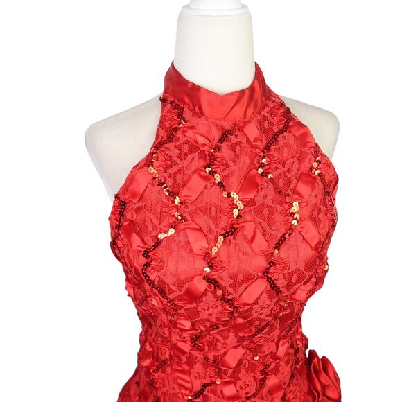 Vintage 80s Steppin' Out Red Lace Drop Waist Bubble Mini Cocktail Dress 3 - Picture 2 of 6